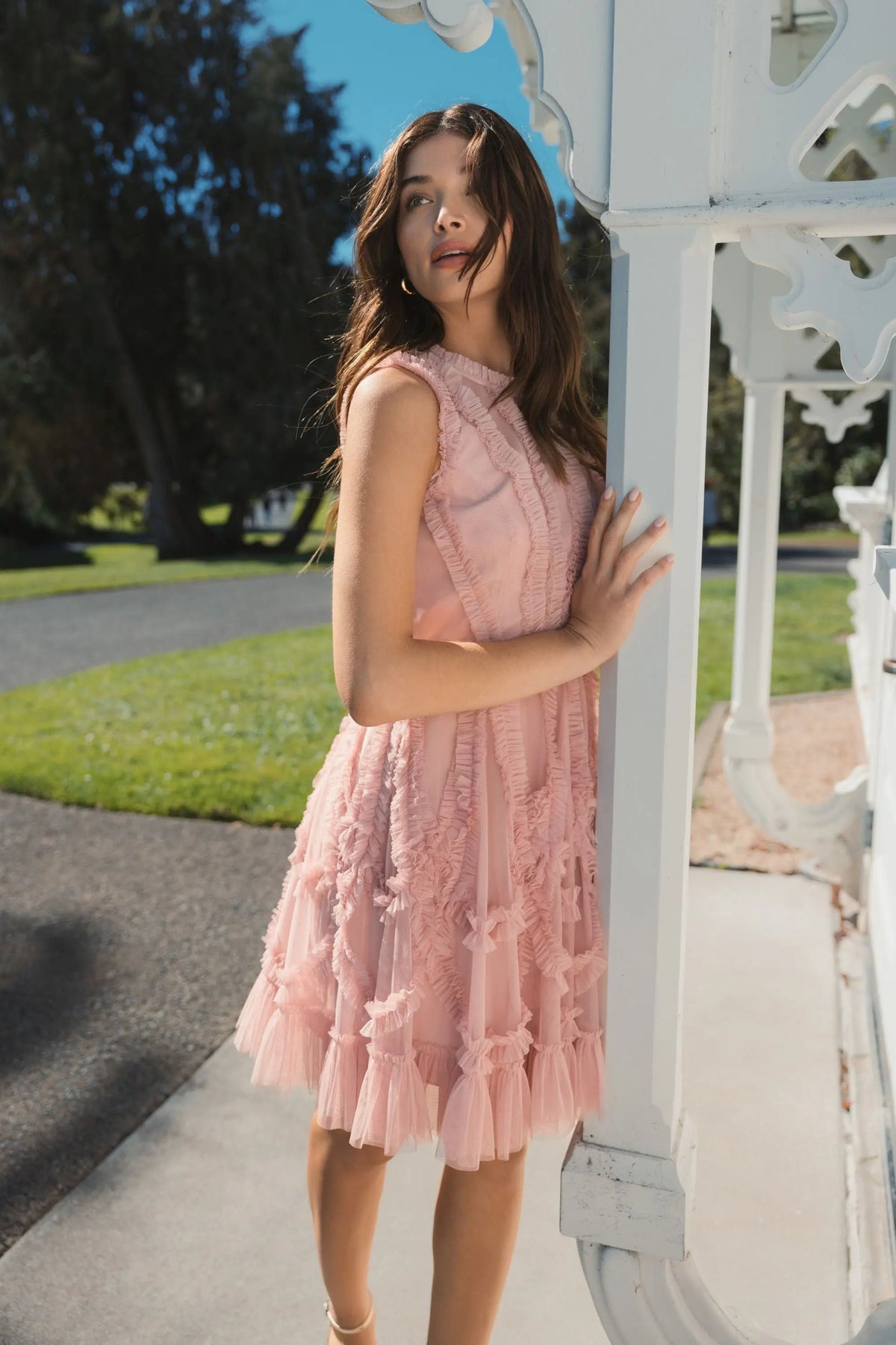 Women's Pink Mini Dress Sleeveless - Pink Ruffle Mesh