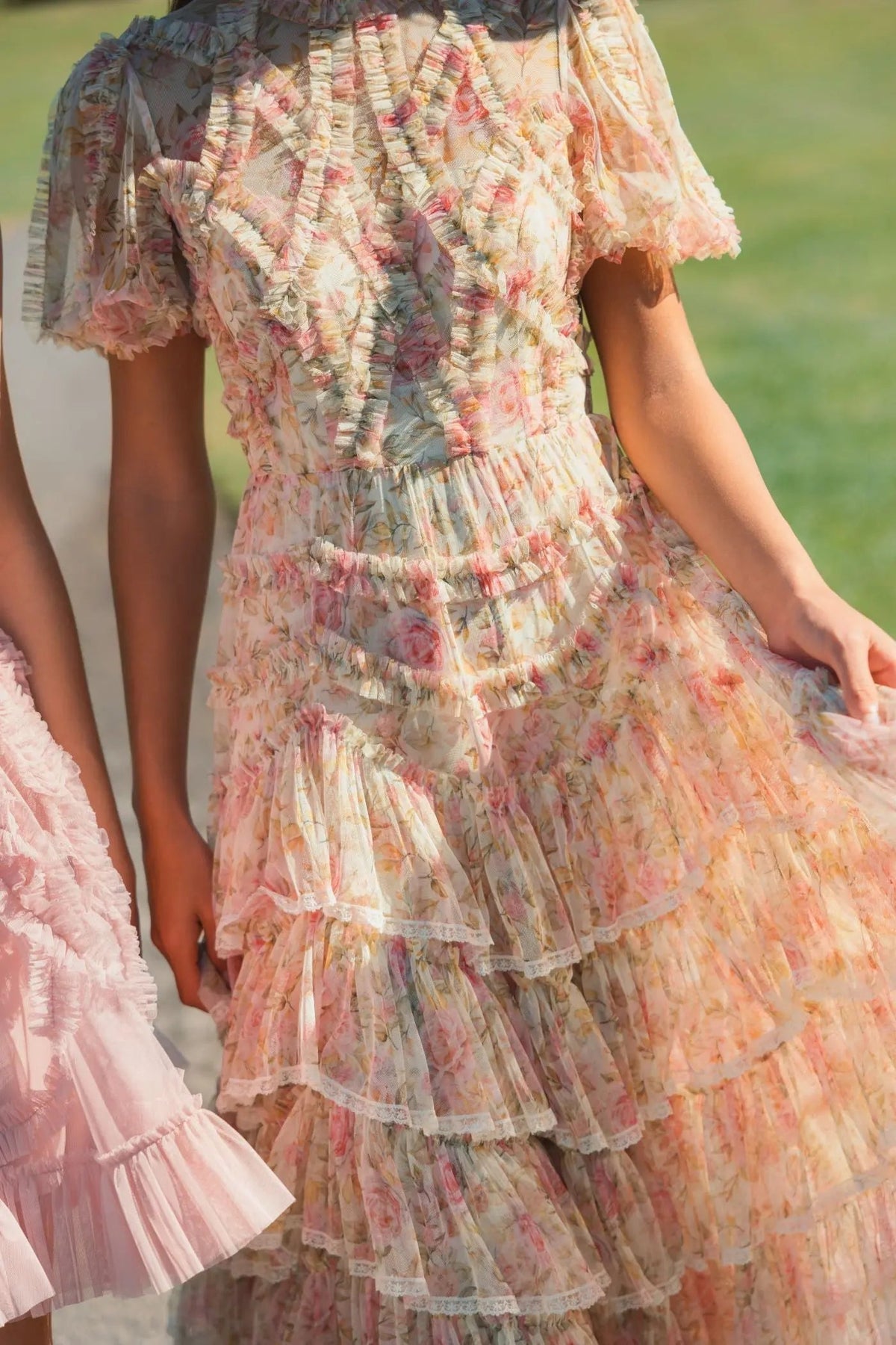 Women's Beige Midi Dress Lace Floral