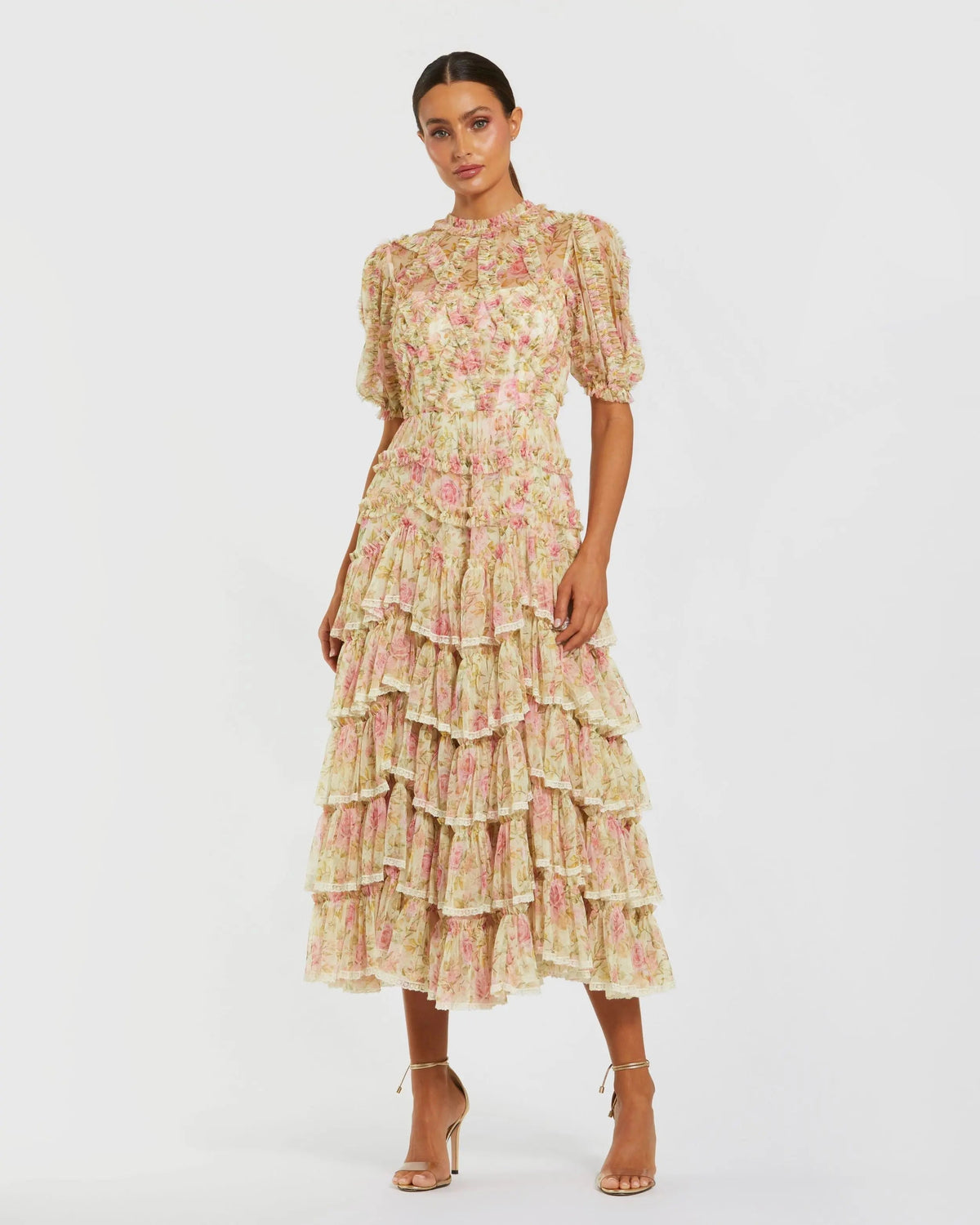 Women's Beige Midi Dress Lace Floral