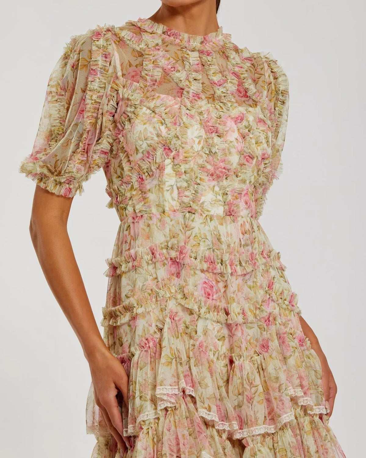 Women's Beige Midi Dress Lace Floral