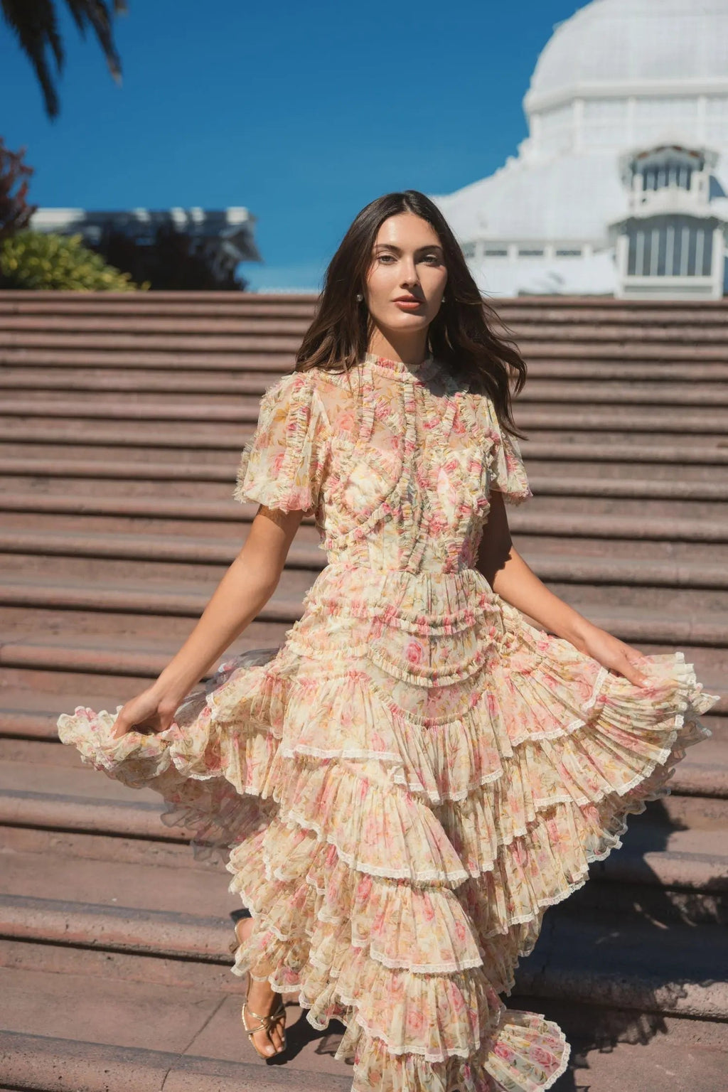Women's Beige Midi Dress Lace Floral