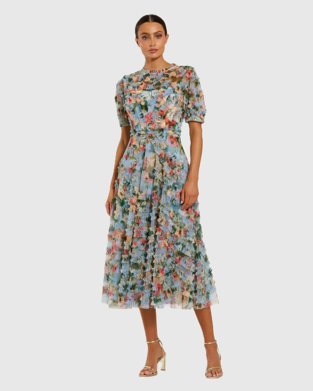 Women's Blue Midi Dress Floral - Blue Ruffle Mesh