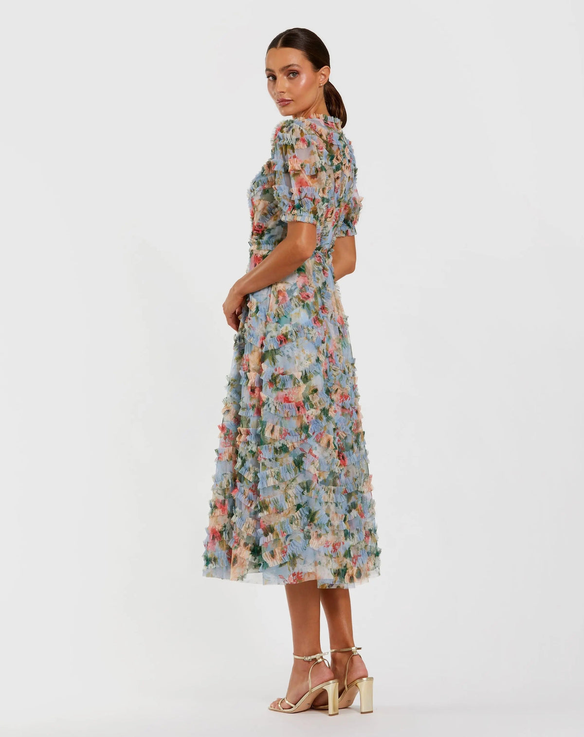 Women's Blue Midi Dress Floral - Blue Ruffle Mesh
