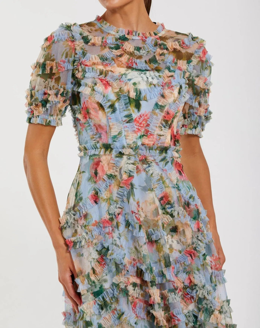 Women's Blue Midi Dress Floral - Blue Ruffle Mesh