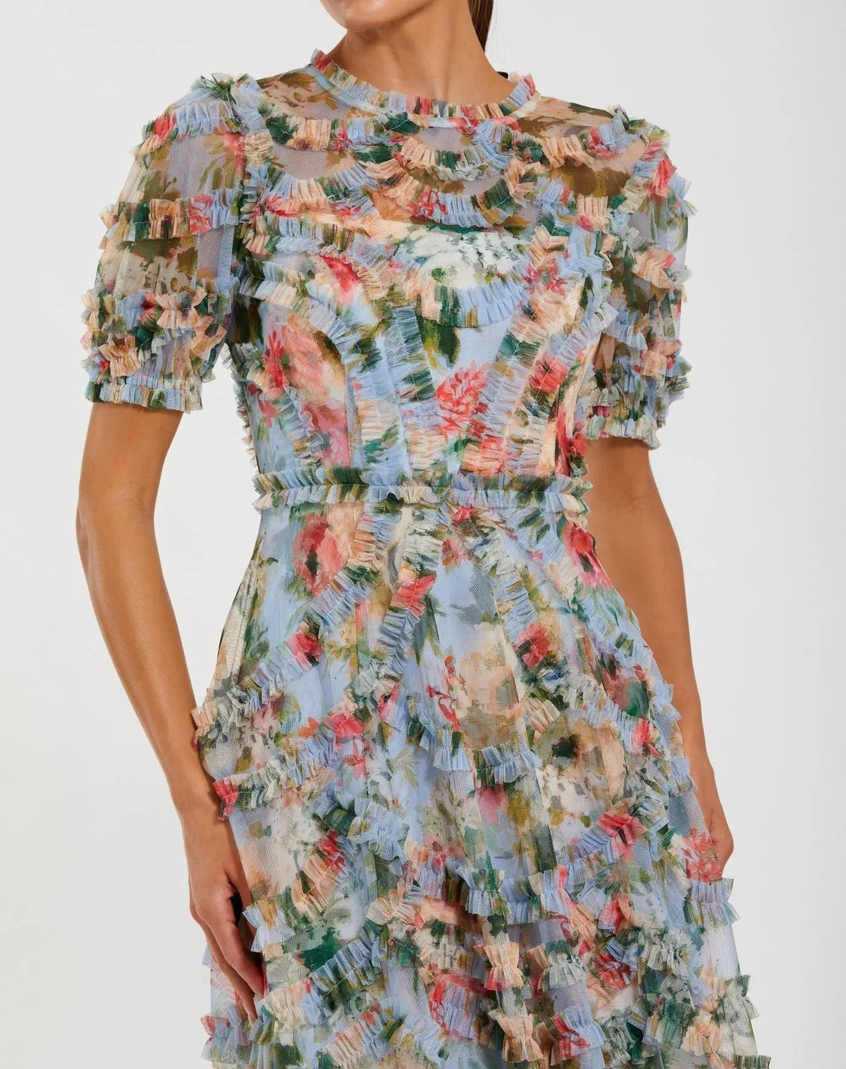 Women's Blue Midi Dress Floral - Blue Ruffle Mesh