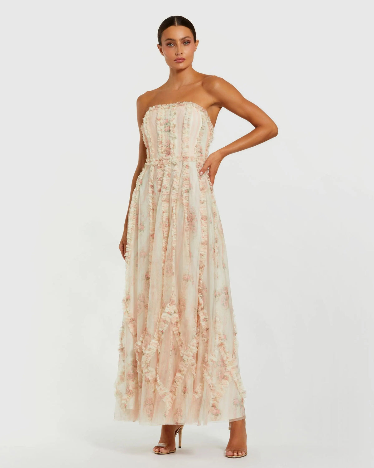 Women's White Dress Floral Strapless - White Ruffle Mesh