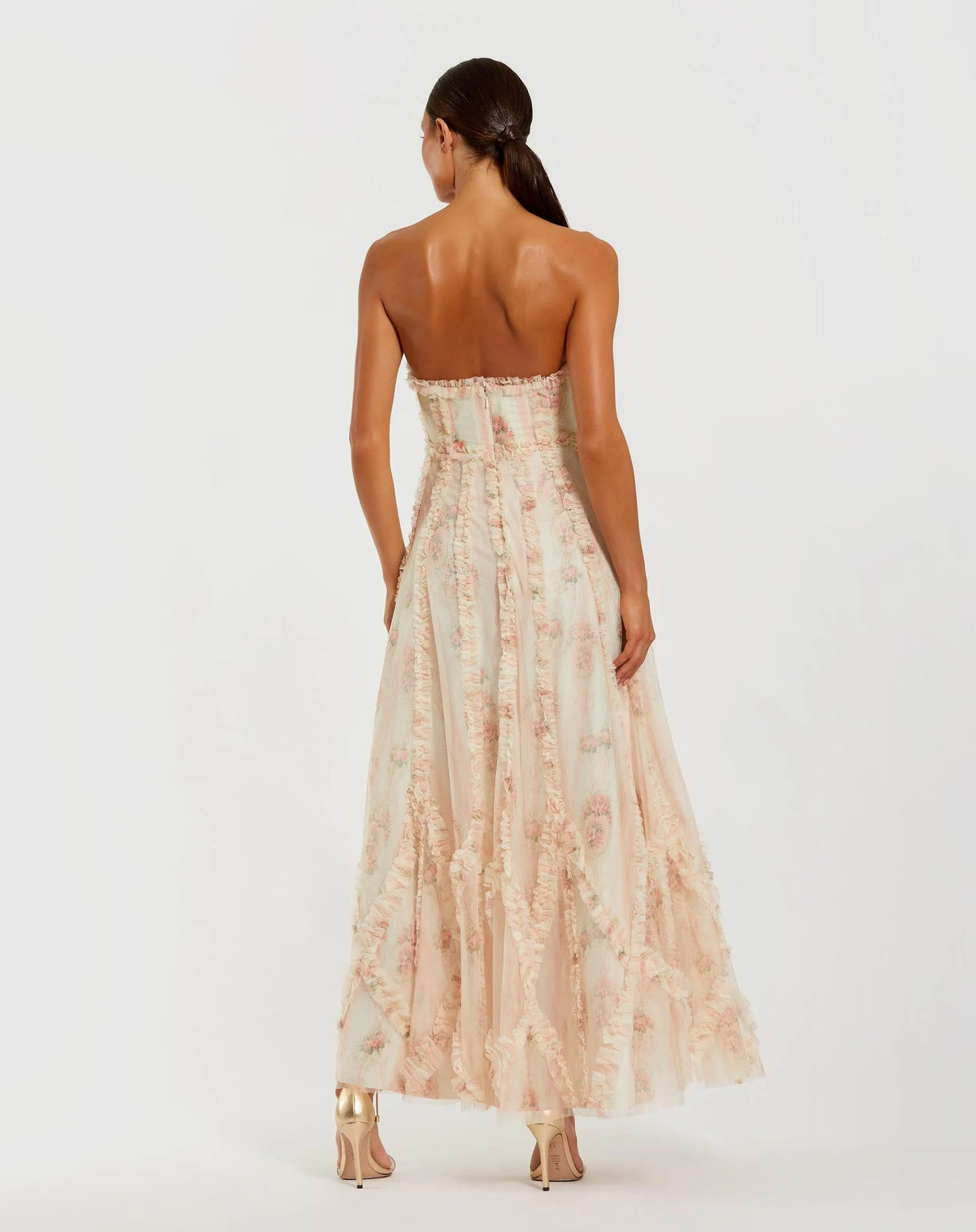 Women's White Dress Floral Strapless - White Ruffle Mesh