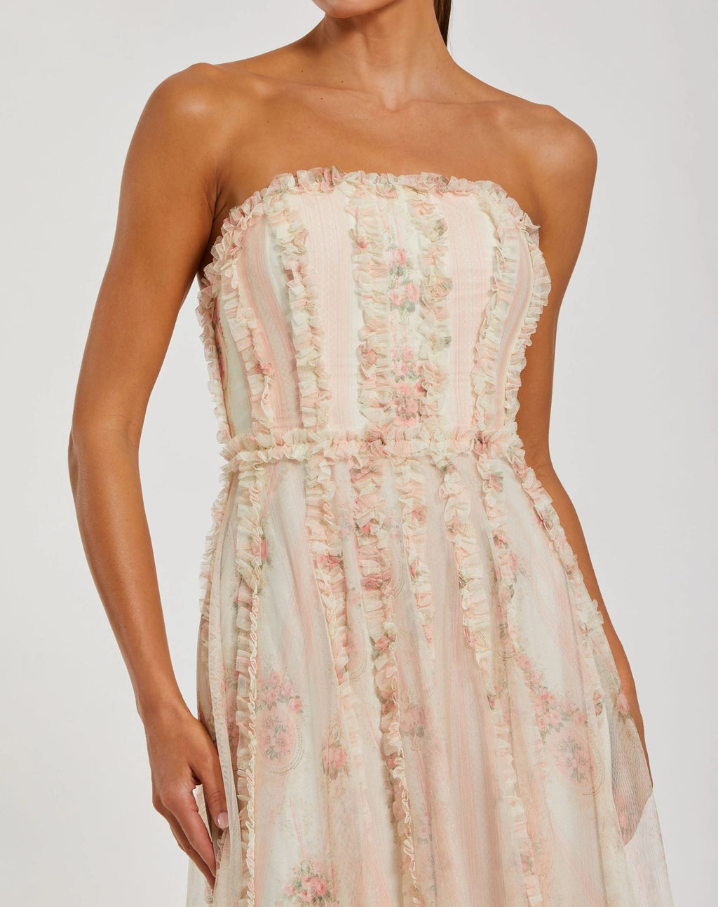 Women's White Dress Floral Strapless - White Ruffle Mesh