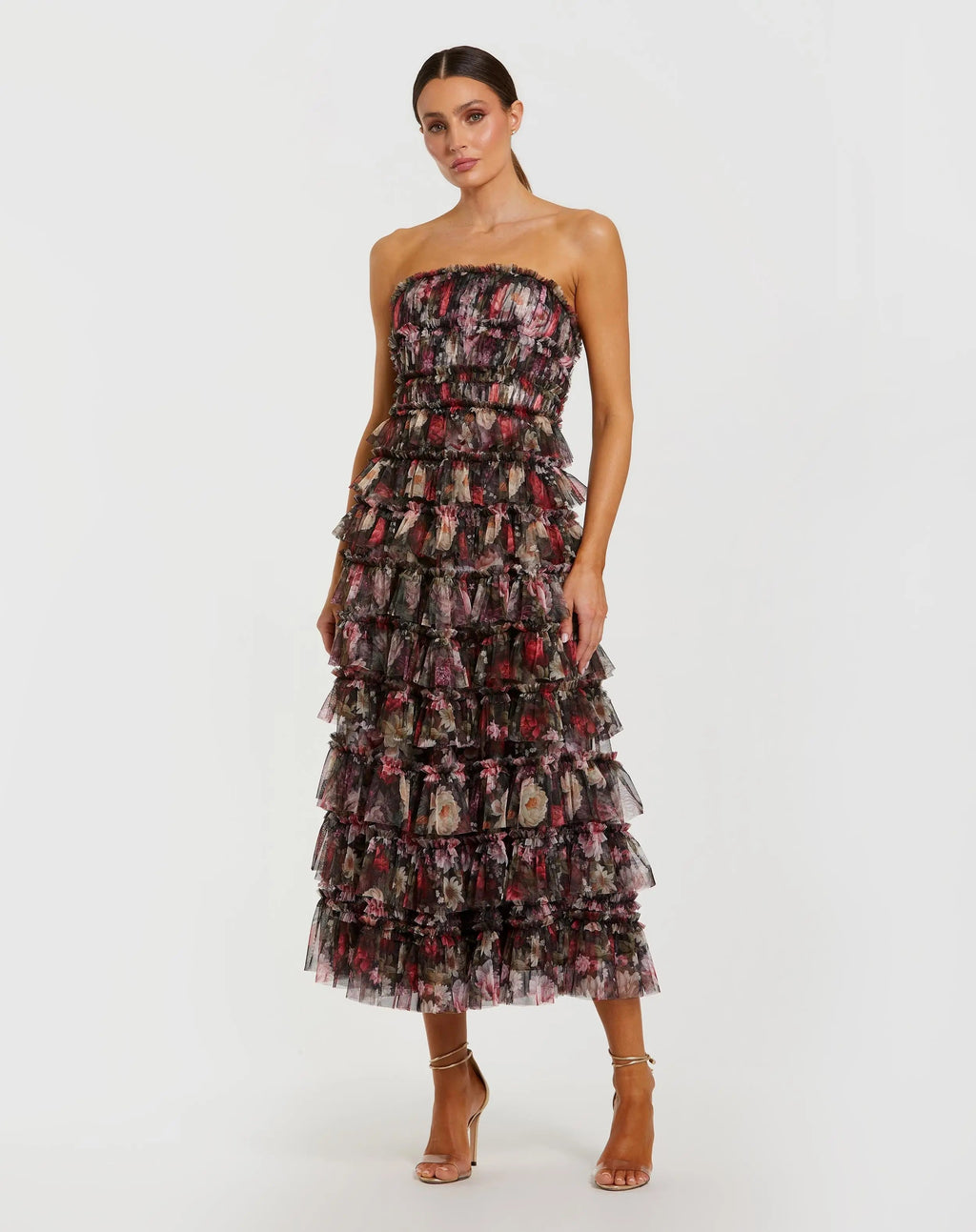 Women's Black Midi Dress Strapless - Black Floral Ruffle
