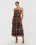 Women's Black Midi Dress Strapless - Black Floral Ruffle