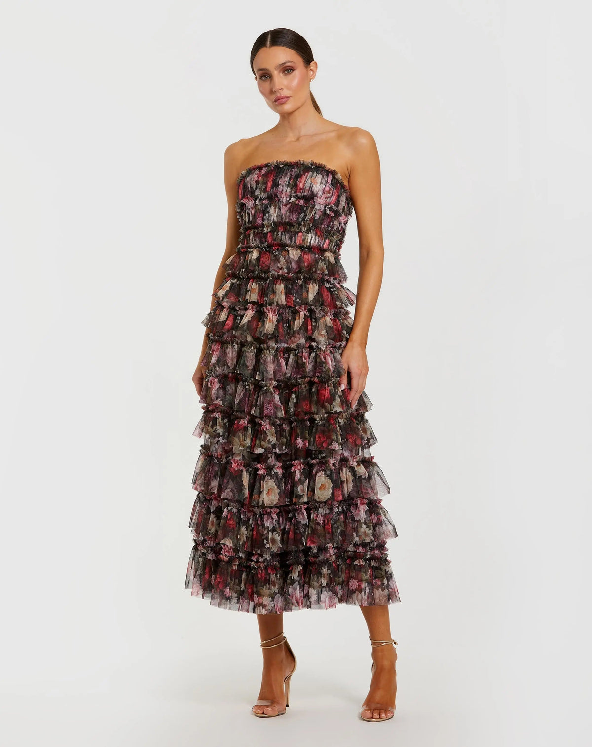 Women's Black Midi Dress Strapless - Black Floral Ruffle