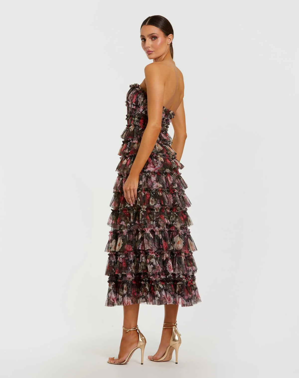 Women's Black Midi Dress Strapless - Black Floral Ruffle