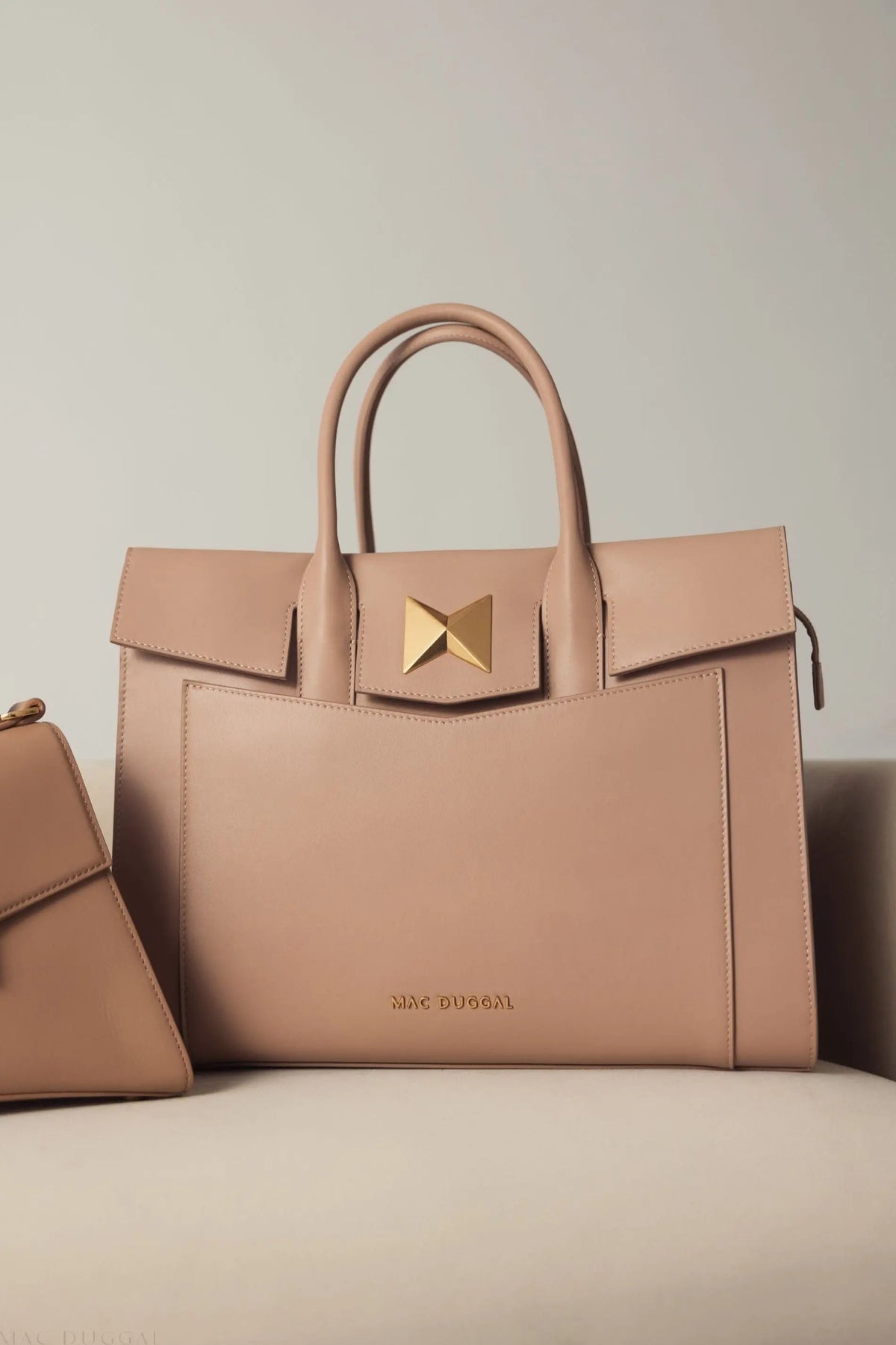 Beige Large Leather Briefcase Bag With Gold Hardware