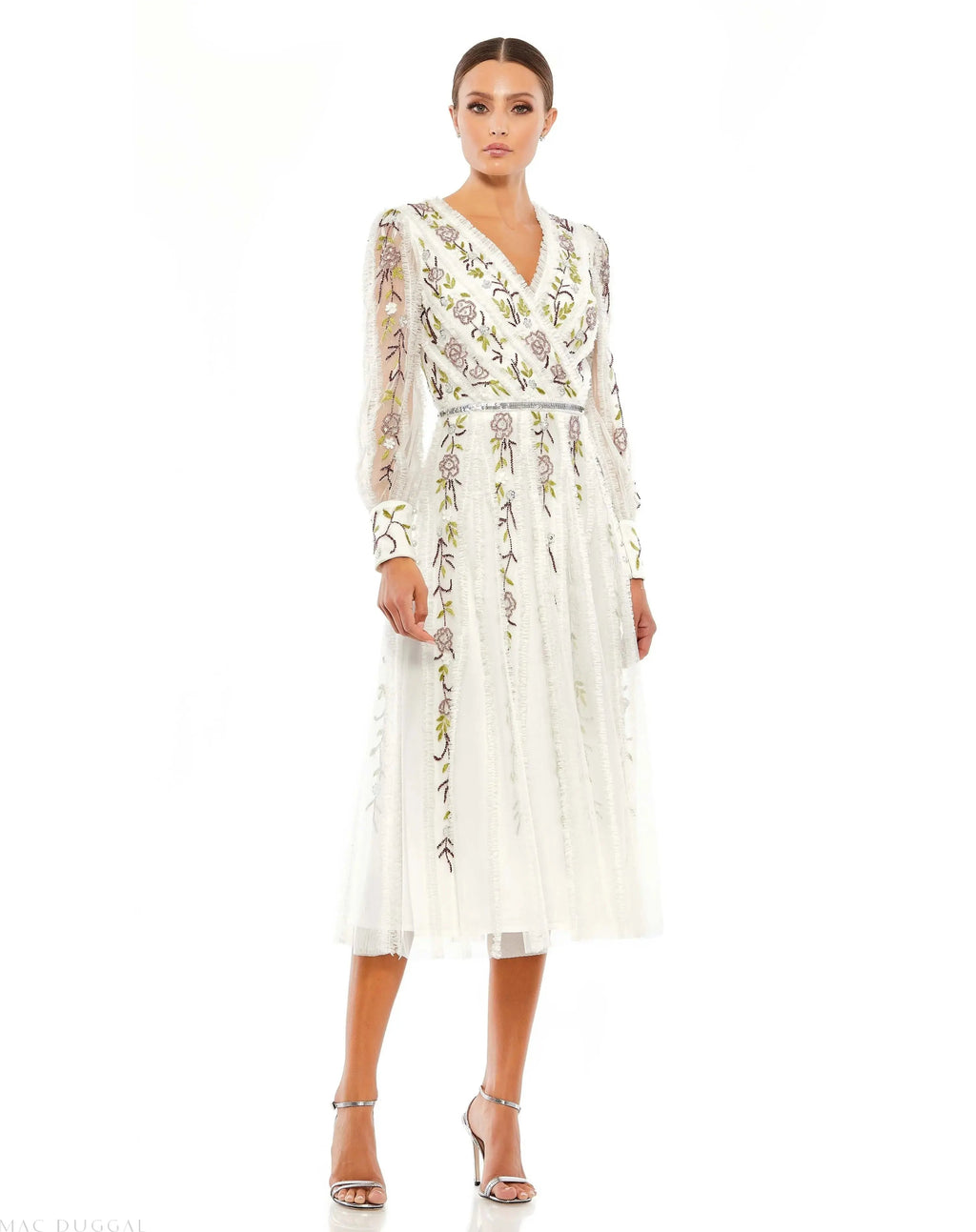 Women's White Midi Dress - White Sequin Floral