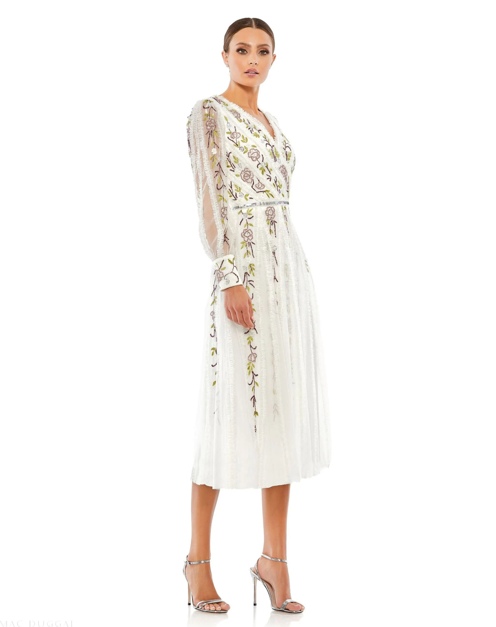 Women's White Midi Dress - White Sequin Floral