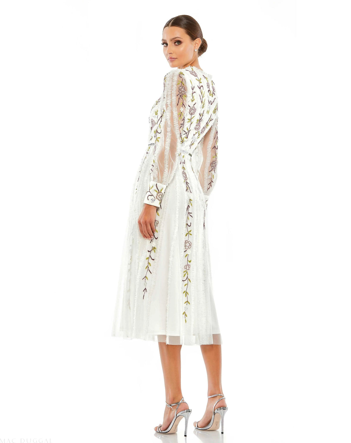 Women's White Midi Dress - White Sequin Floral