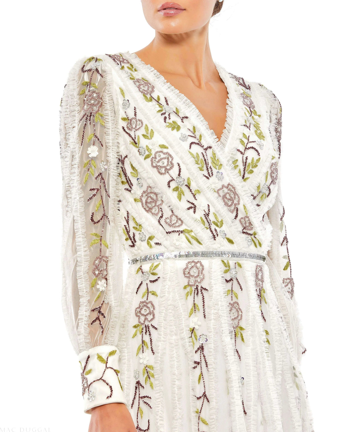 Women's White Midi Dress - White Sequin Floral