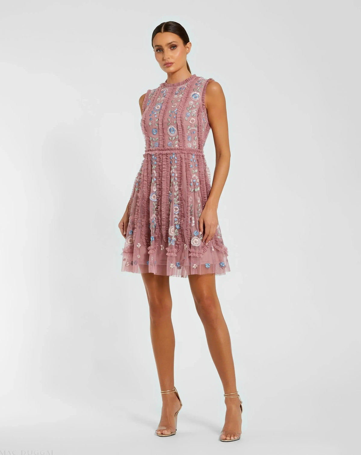 Women's Pink Mini Dress Sleeveless - Pink Sequin Floral