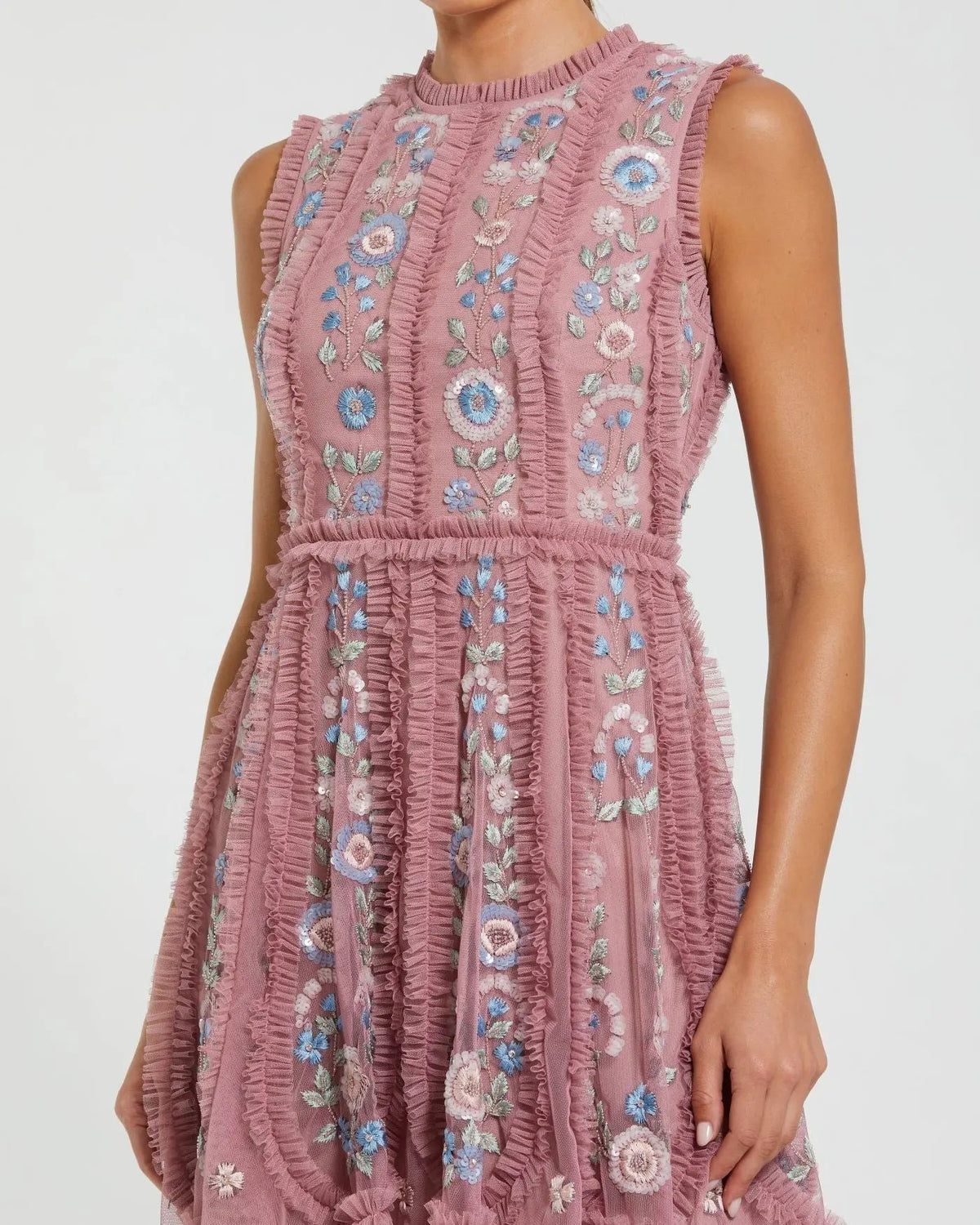 Women's Pink Mini Dress Sleeveless - Pink Sequin Floral