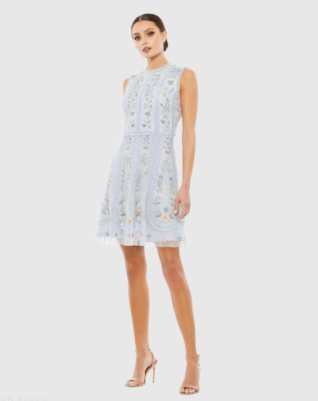 Women's Blue Mini Dress Sleeveless - Blue Sequin Floral