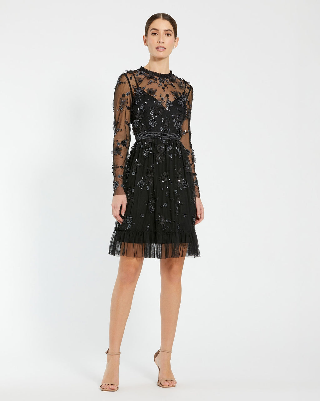 Women's Black Mini Dress - Black Sequin Floral