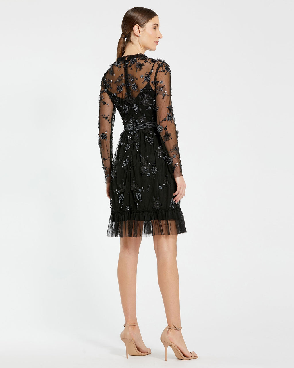 Women's Black Mini Dress - Black Sequin Floral
