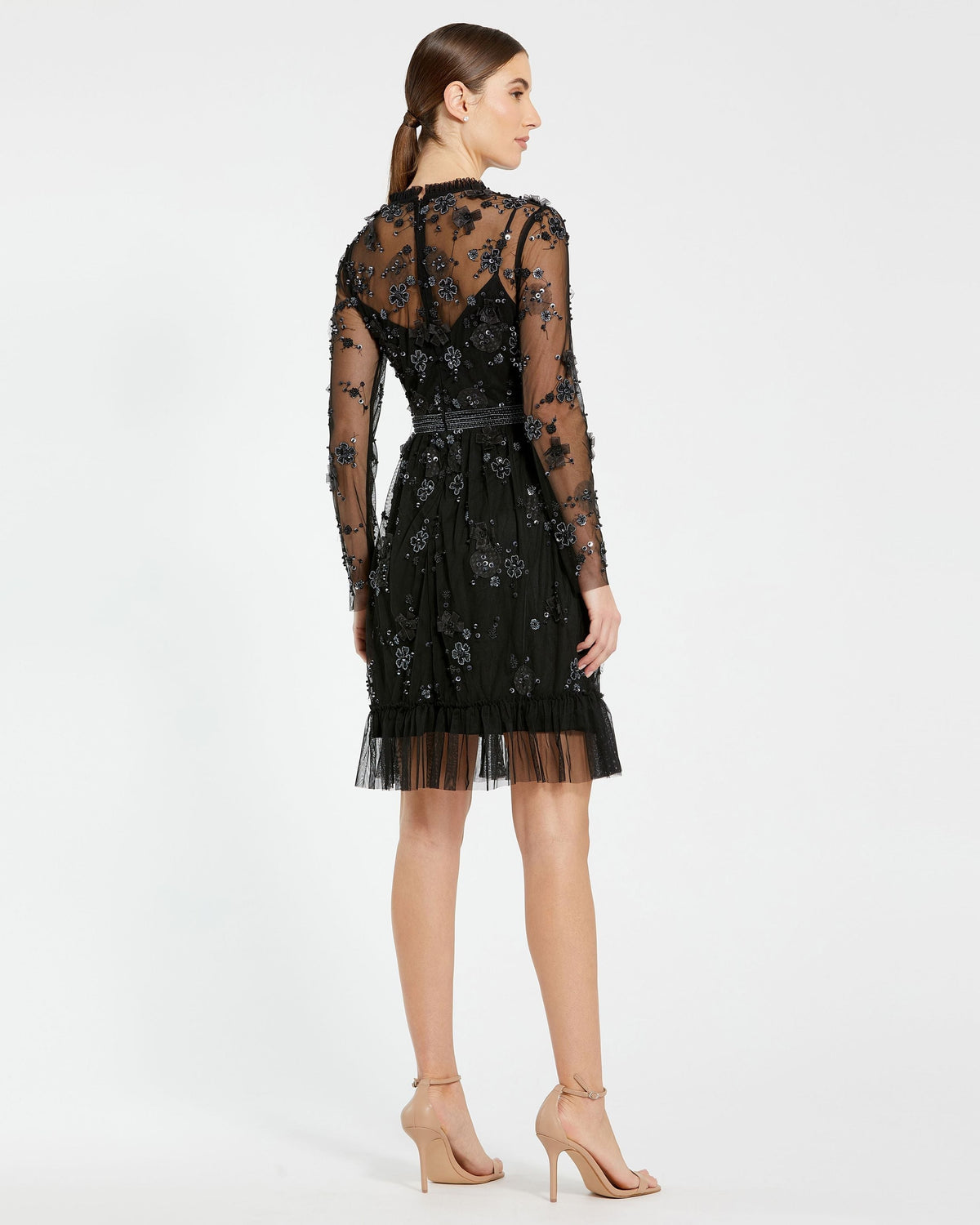 Women's Black Mini Dress - Black Sequin Floral
