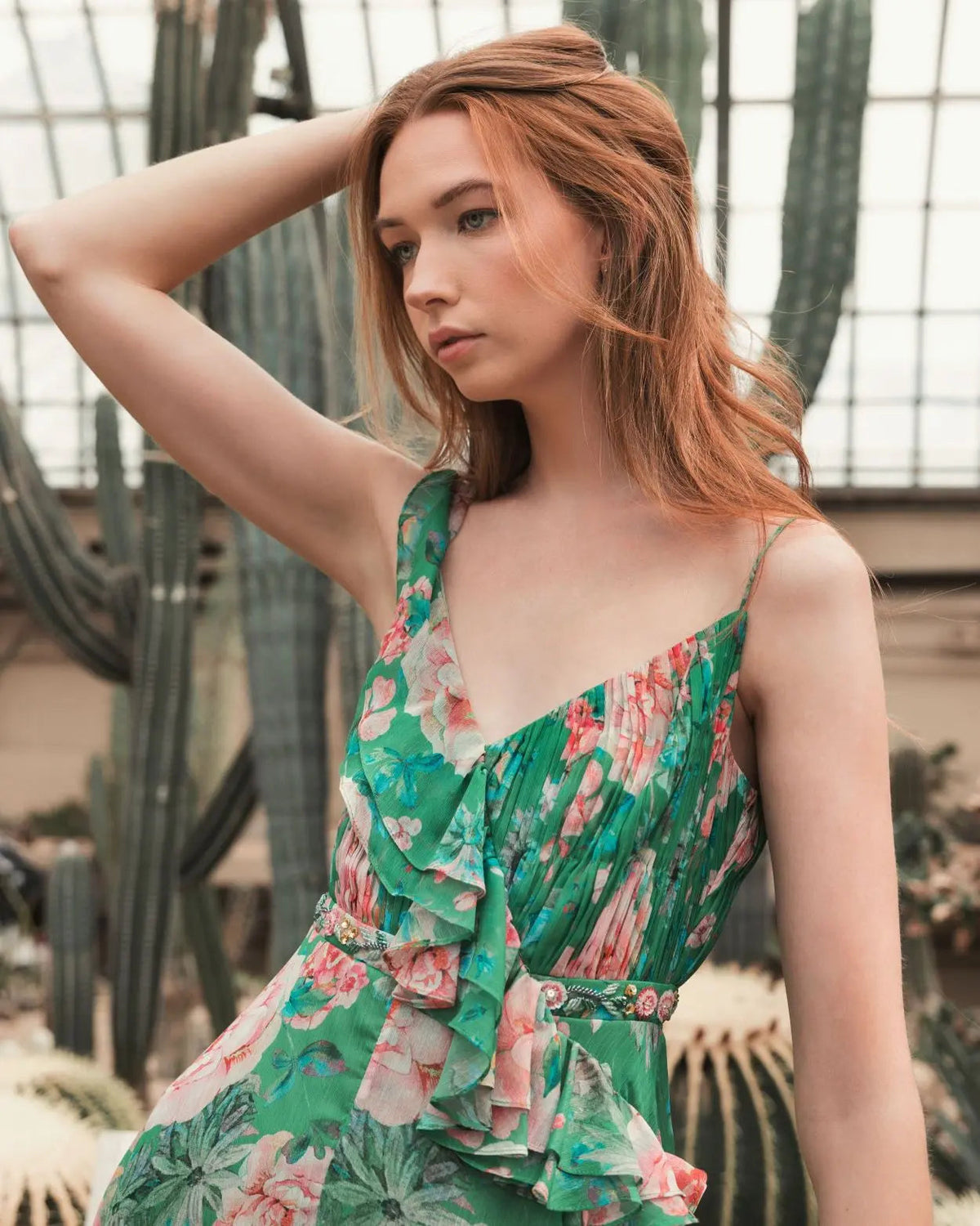 Women's Green Dress Floral - Green Ruffle Pleated