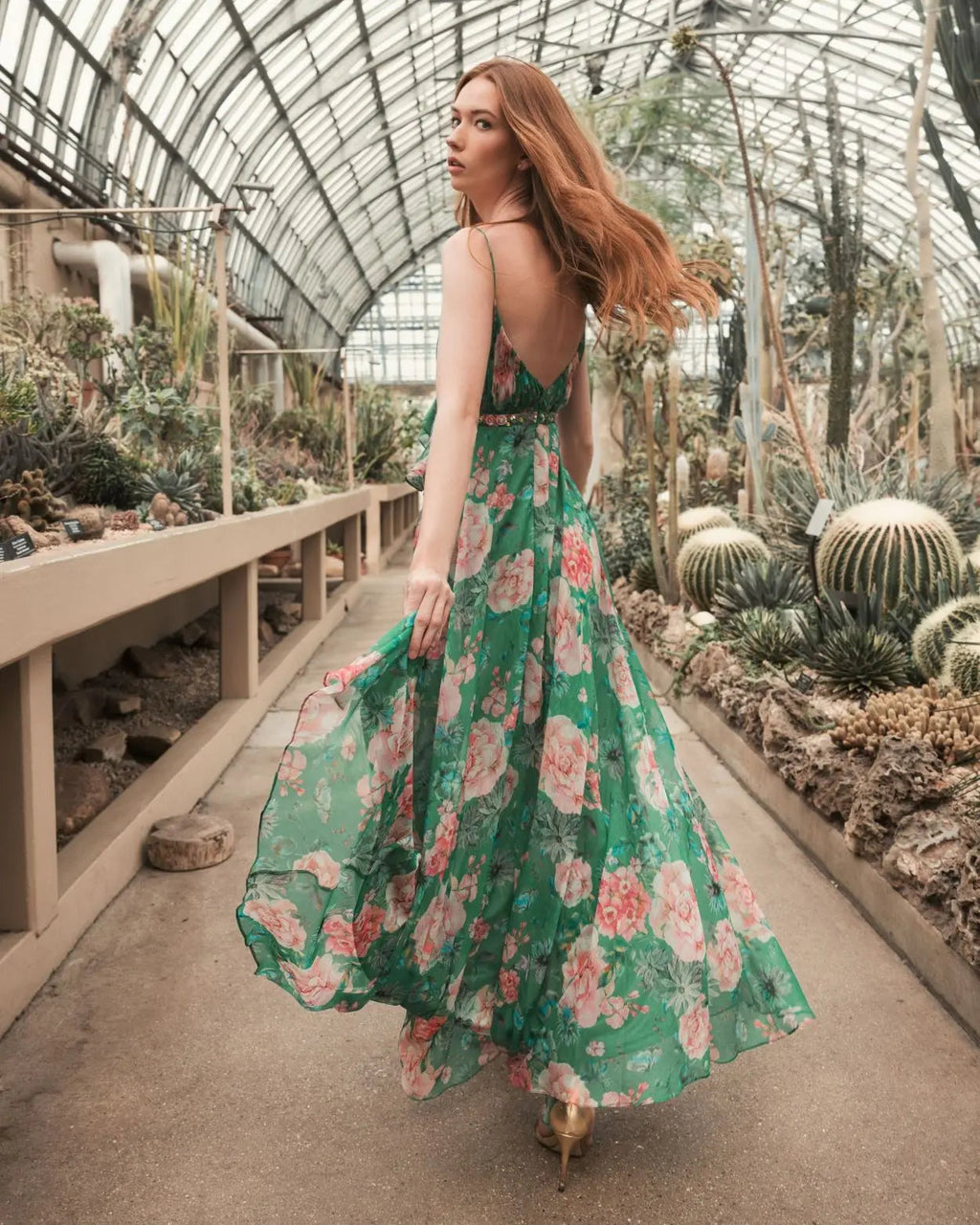 Women's Green Dress Floral - Green Ruffle Pleated