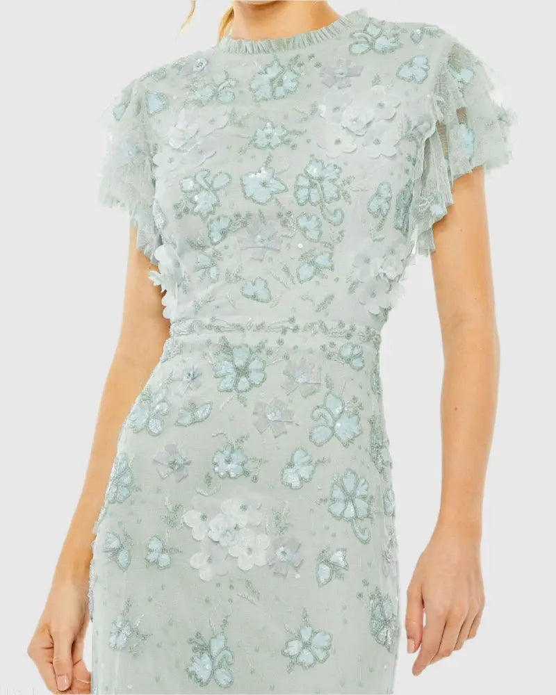 Women's Blue Dress Floral - Blue Sequin Ruffle