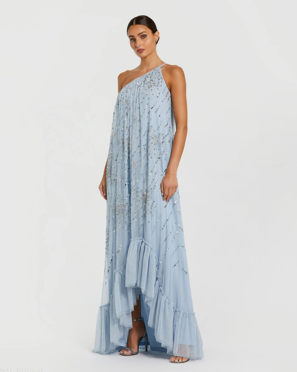 Women's Blue Dress One Shoulder - Blue Sequin Ruffle