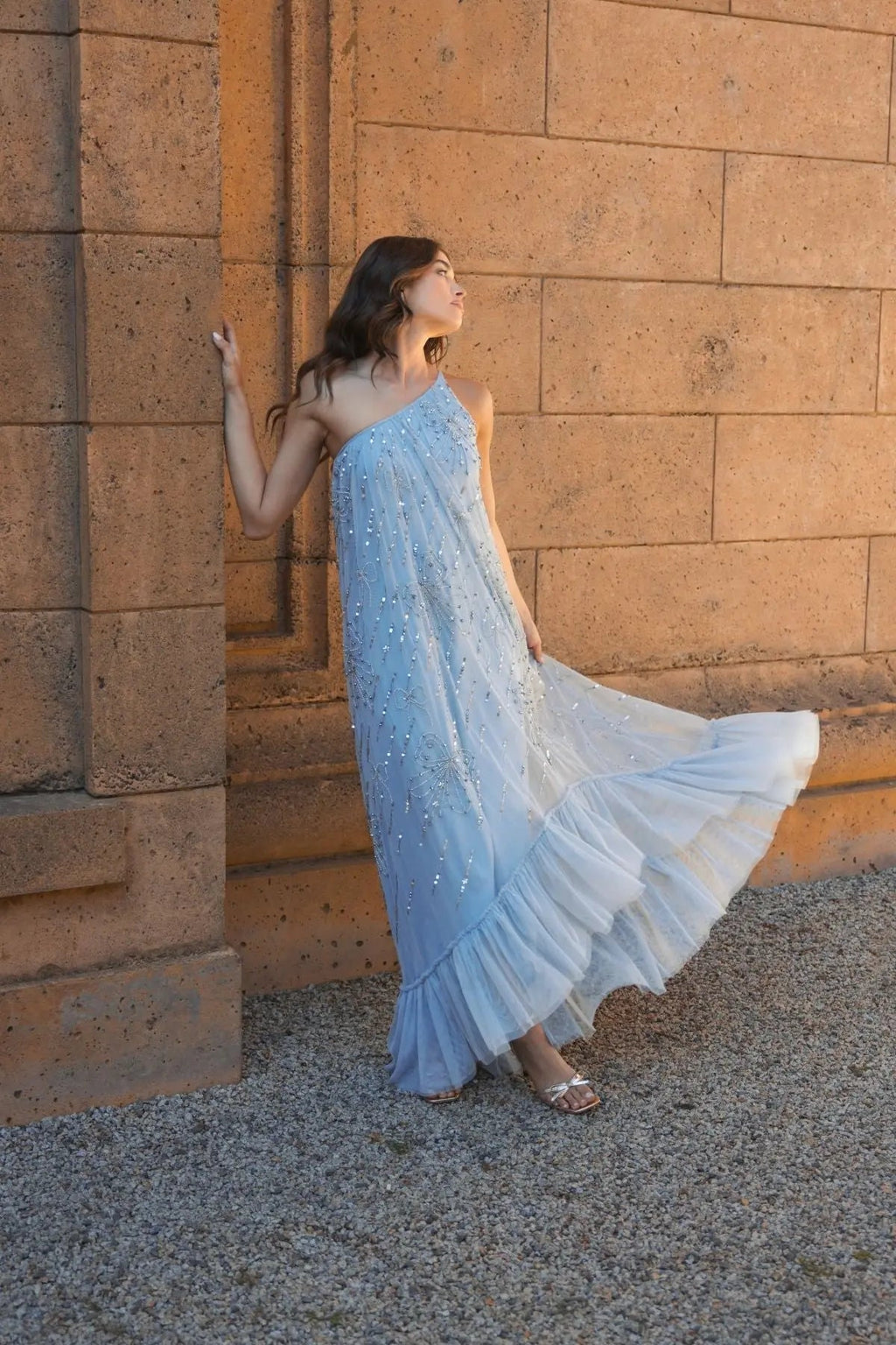 Women's Blue Dress One Shoulder - Blue Sequin Ruffle