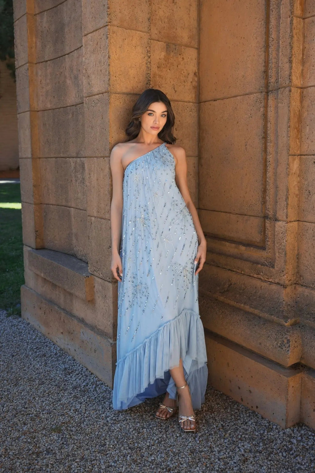 Women's Blue Dress One Shoulder - Blue Sequin Ruffle