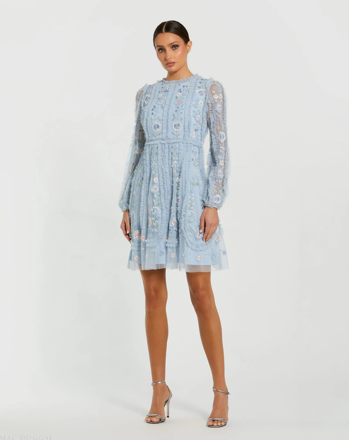 Women's Blue Mini Dress Floral - Blue Ruffle Mesh