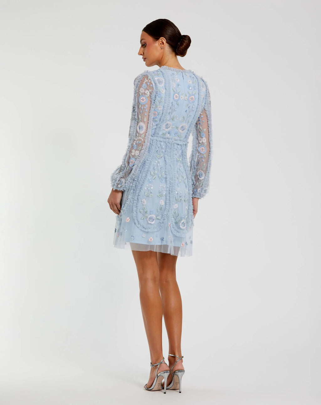 Women's Blue Mini Dress Floral - Blue Ruffle Mesh