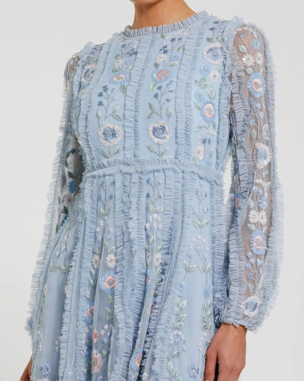 Women's Blue Mini Dress Floral - Blue Ruffle Mesh