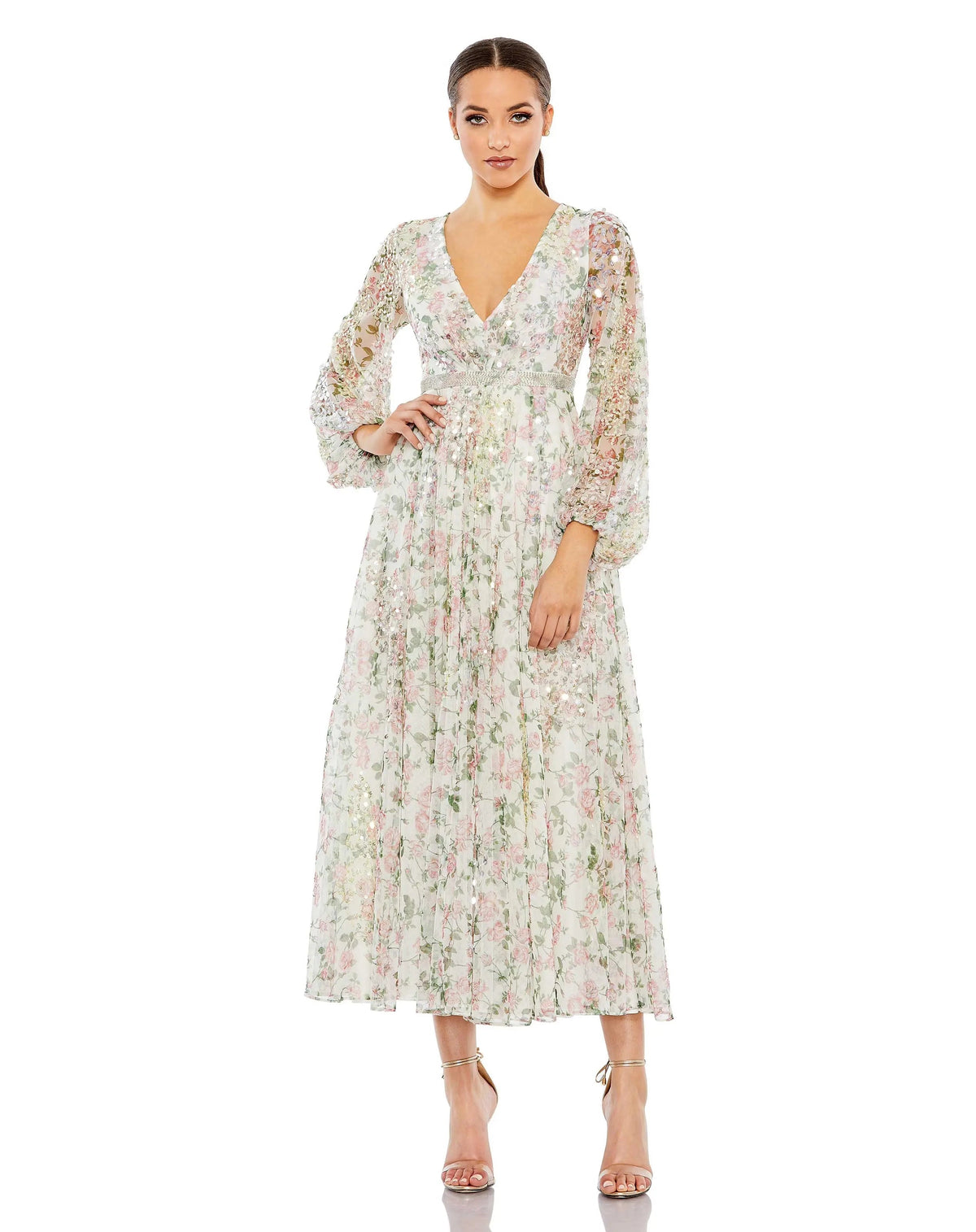 Women's White Dress Floral - White Sequin Mesh