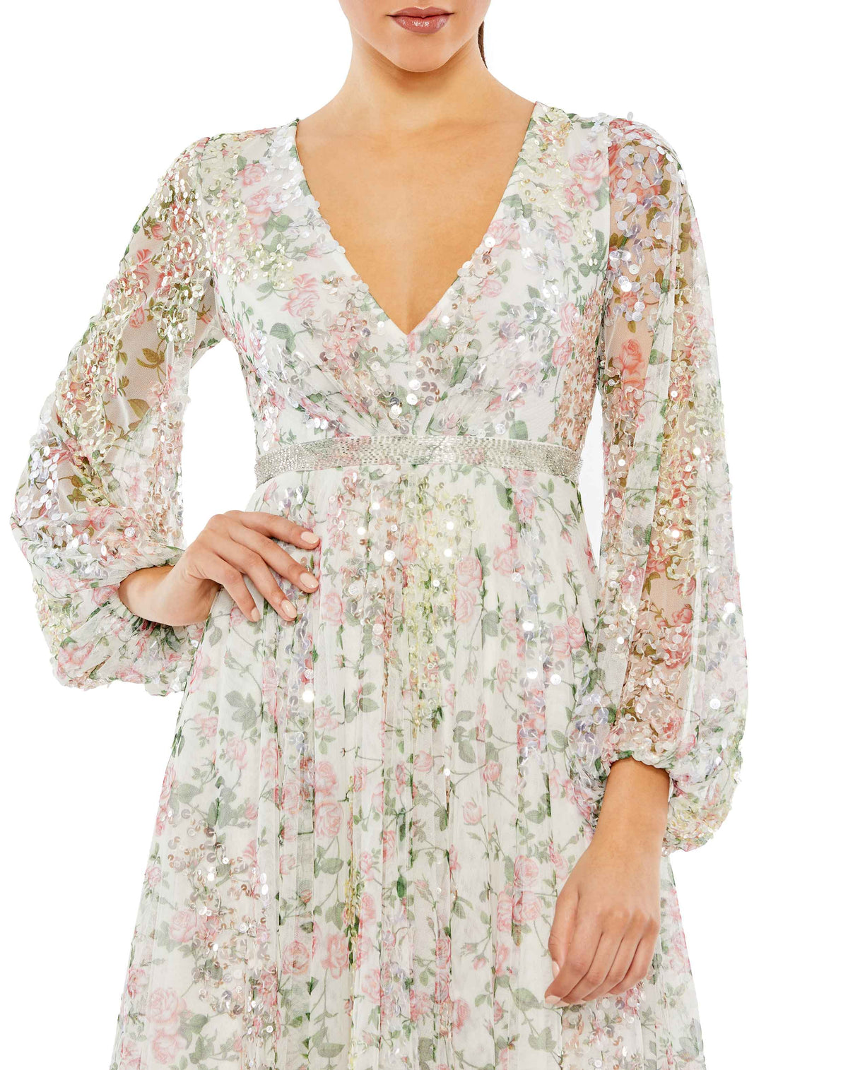 Women's White Dress Floral - White Sequin Mesh