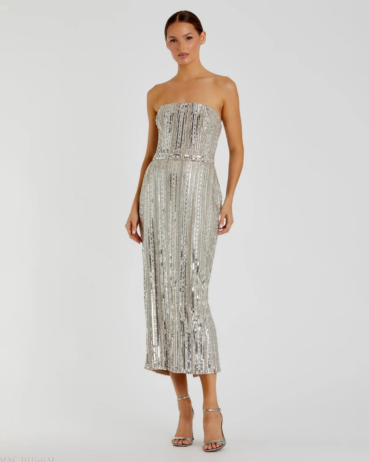 Women's Beige Dress Strapless - Red Sequin Mesh