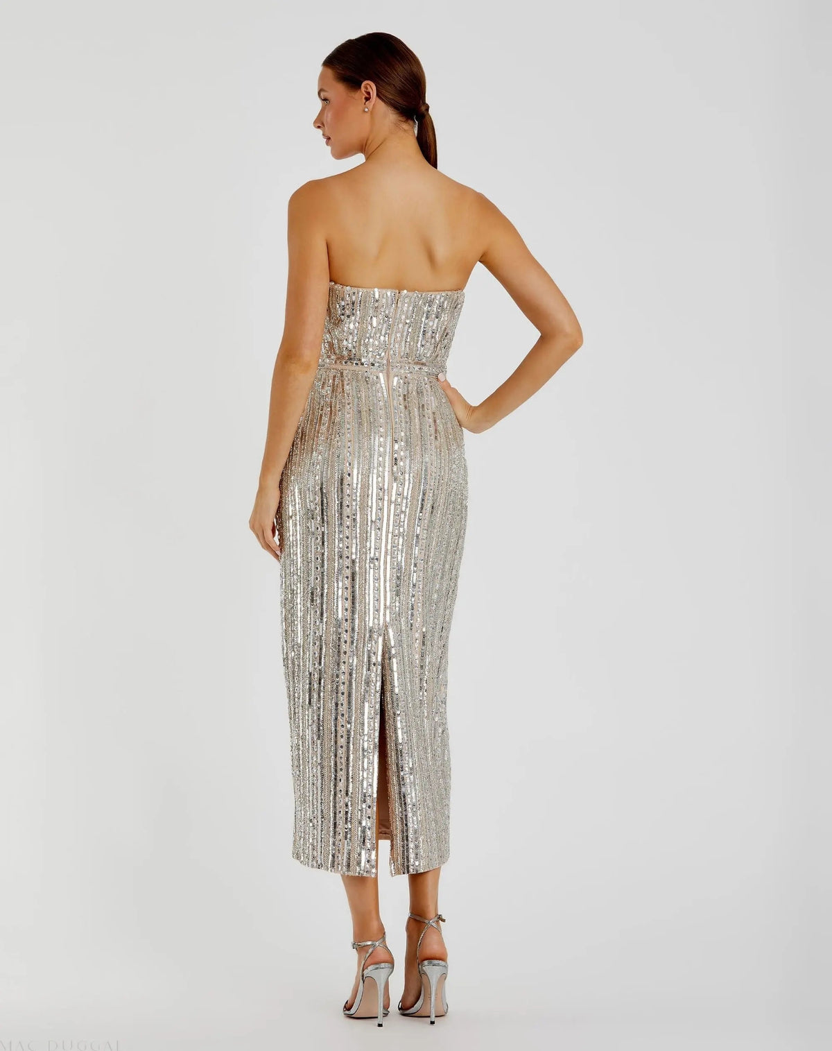 Women's Beige Dress Strapless - Red Sequin Mesh