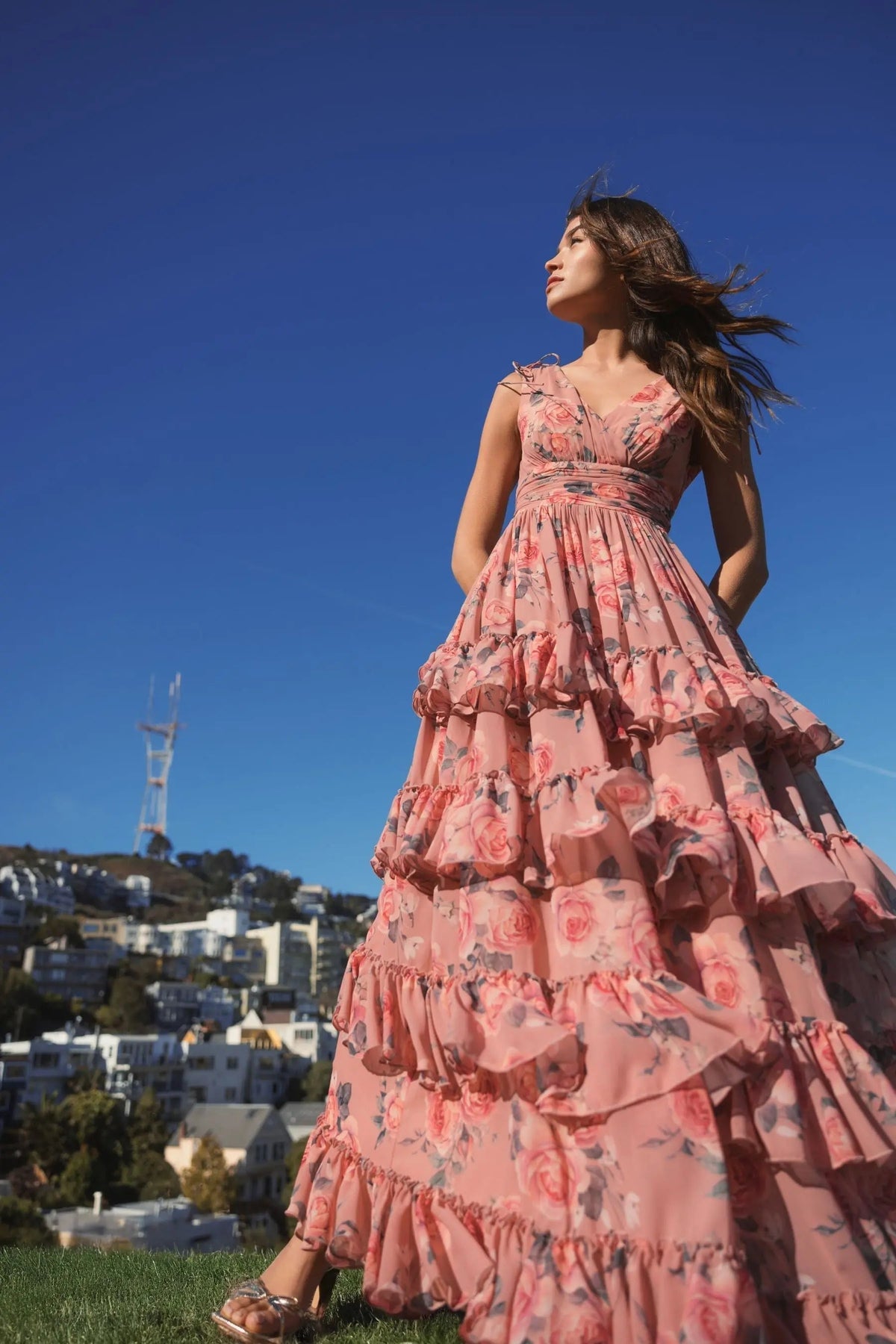 Women's Pink Dress Floral - Pink Ruffle Chiffon