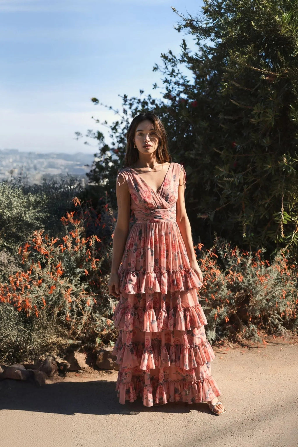 Women's Pink Dress Floral - Pink Ruffle Chiffon