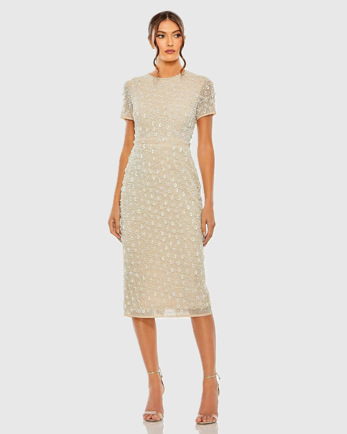 Women's Beige Midi Dress - Beige Sequin