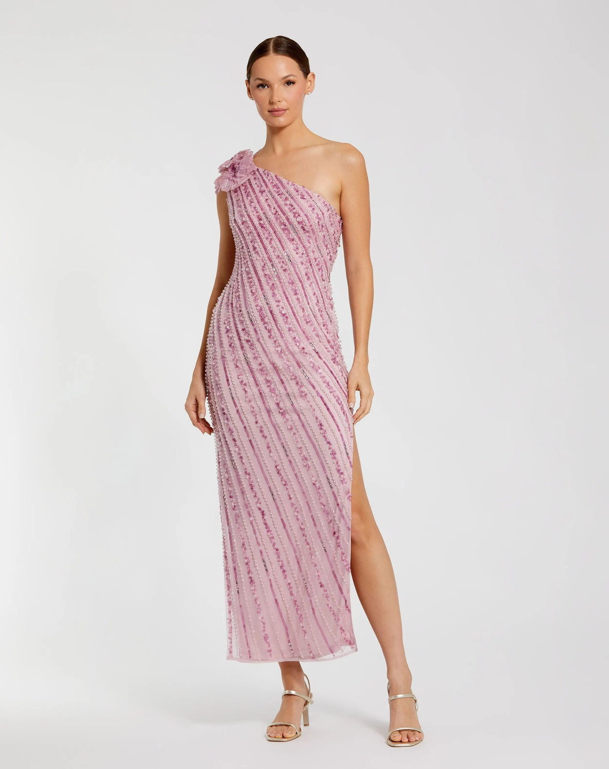Women's Pink Dress One Shoulder - Pink Sequin Floral
