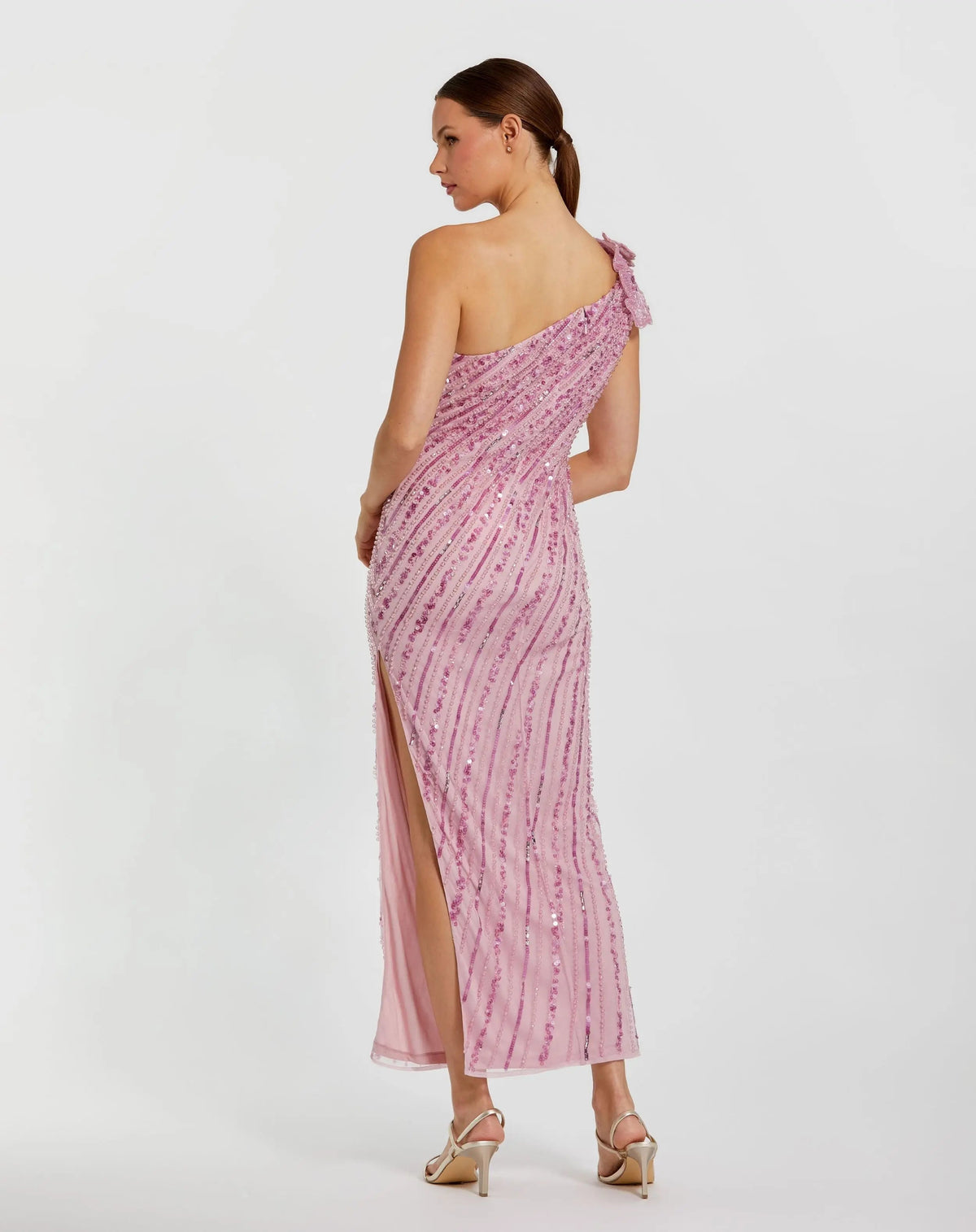 Women's Pink Dress One Shoulder - Pink Sequin Floral