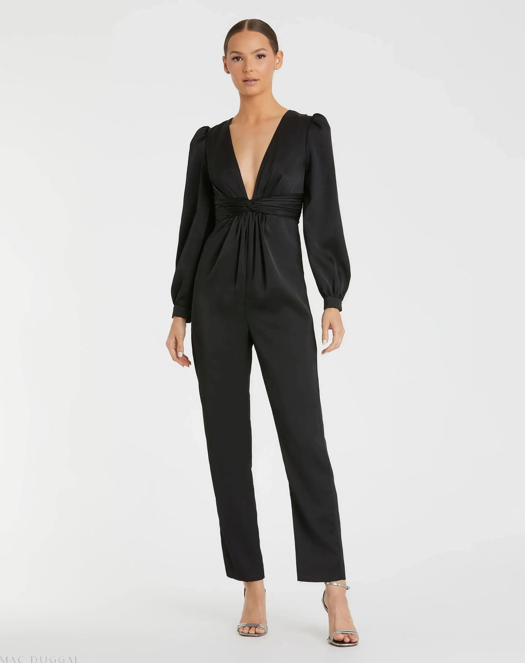 Women's Front Twist Puff Sleeve Deep V Jumpsuit