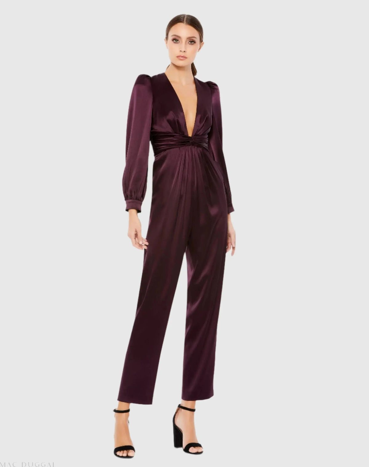 Women's Front Twist Puff Sleeve Deep V Jumpsuit