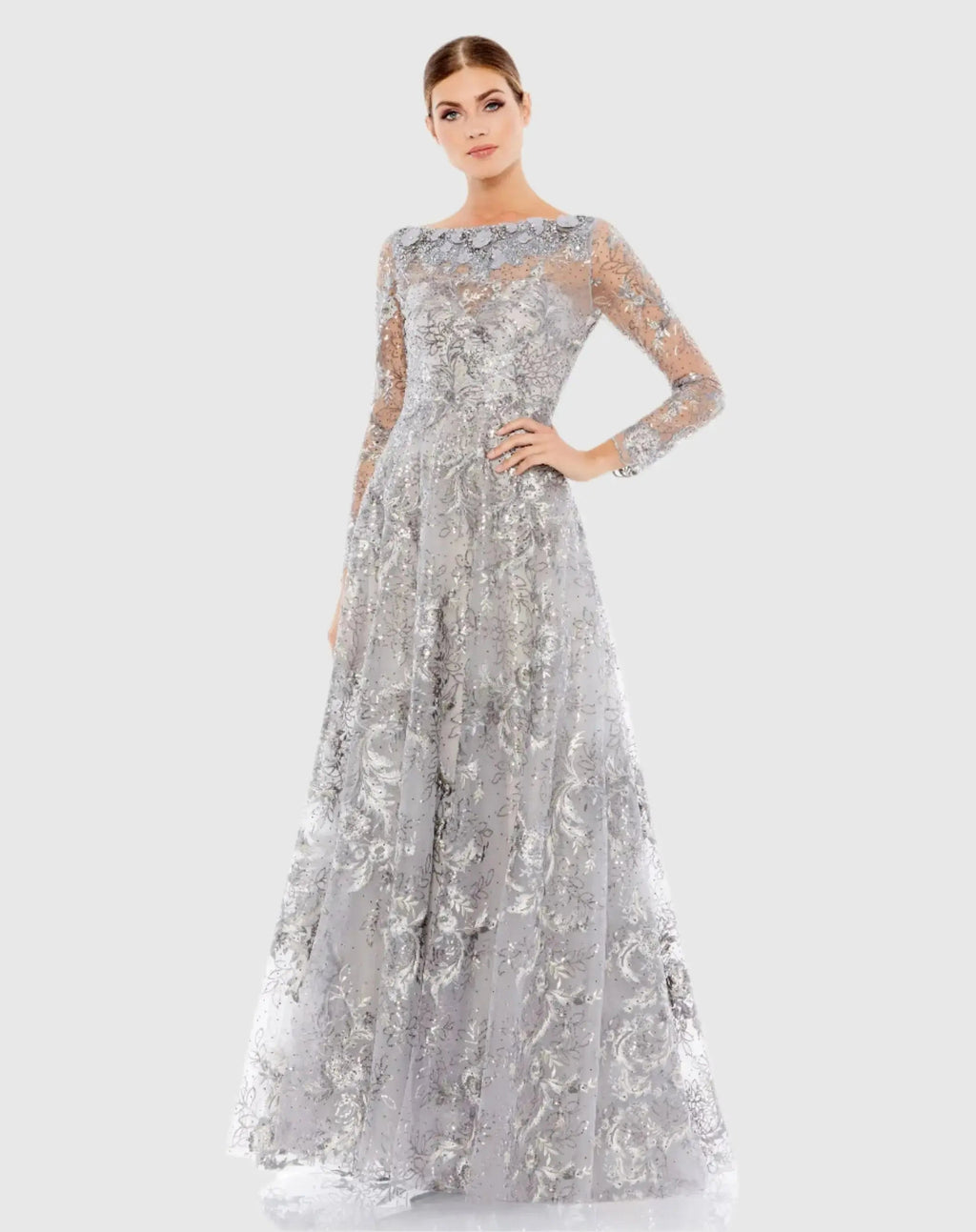 Women's Gray Evening Dress for Evening & Special Occasions - Gray Sequin Floral