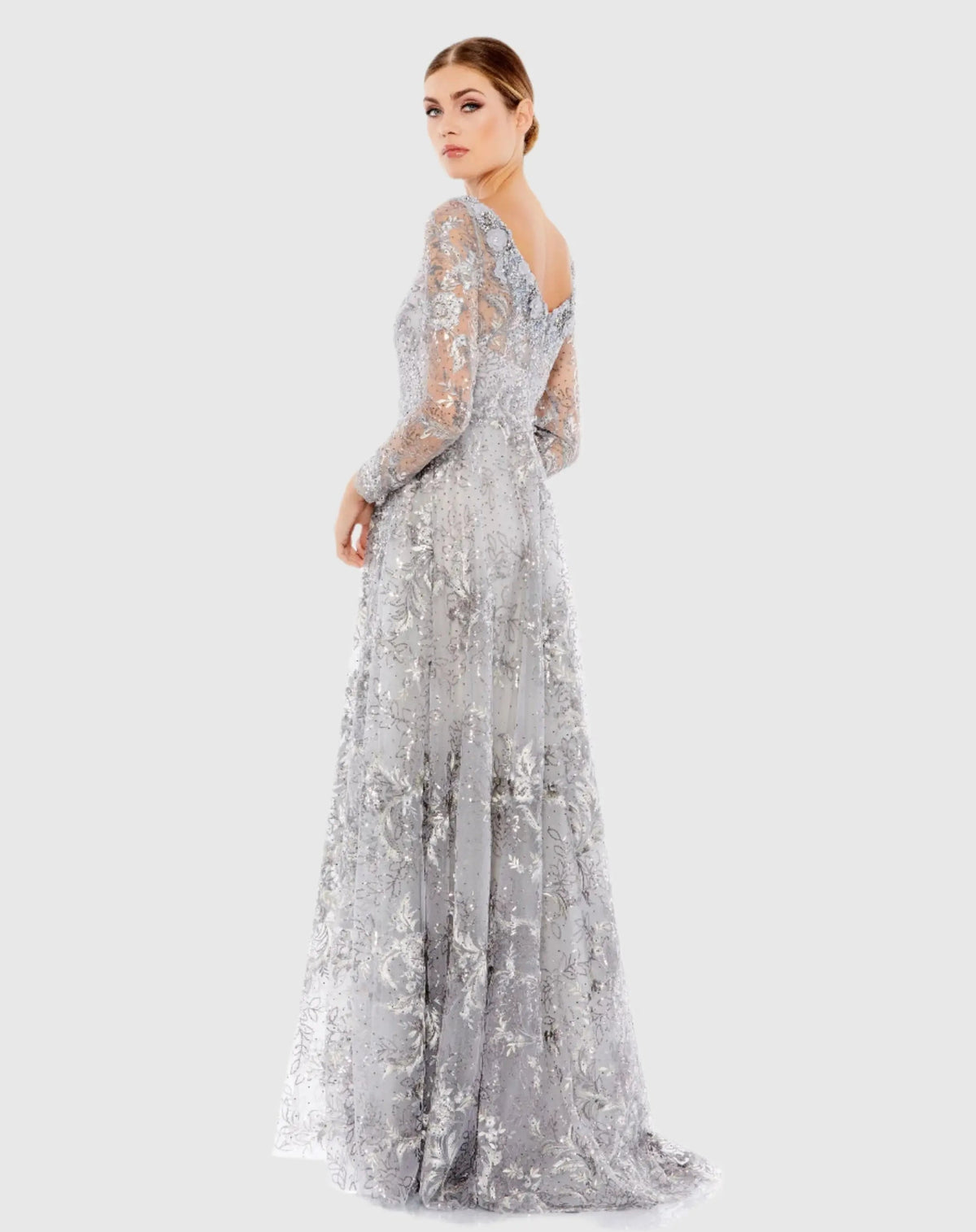 Women's Gray Evening Dress for Evening & Special Occasions - Gray Sequin Floral