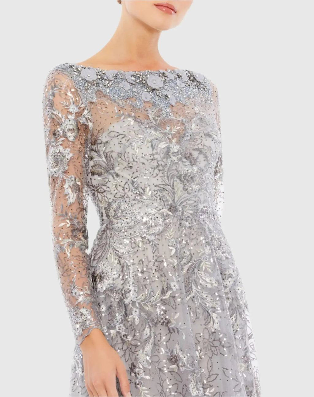 Women's Gray Evening Dress for Evening & Special Occasions - Gray Sequin Floral
